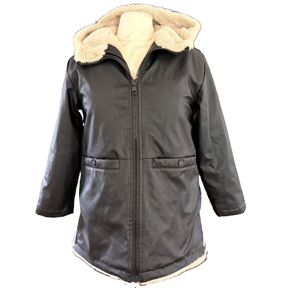 Zara Black Girls 10 Faux Fur Lined Hooded Heavy Rain Winter Jacket EU 140